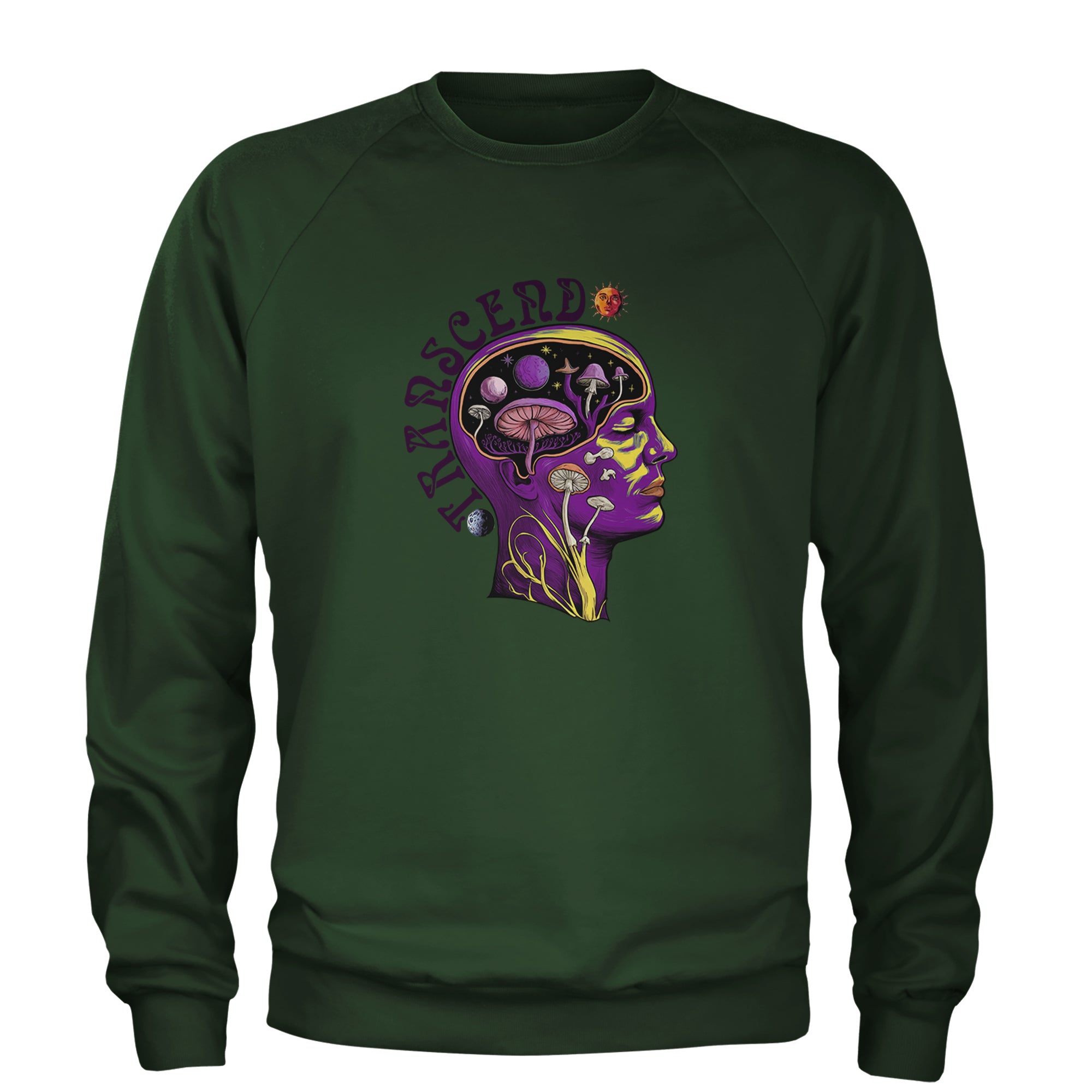 Psychedelic Cosmic Mushroom Head Adult Crewneck Sweatshirt Forest Green