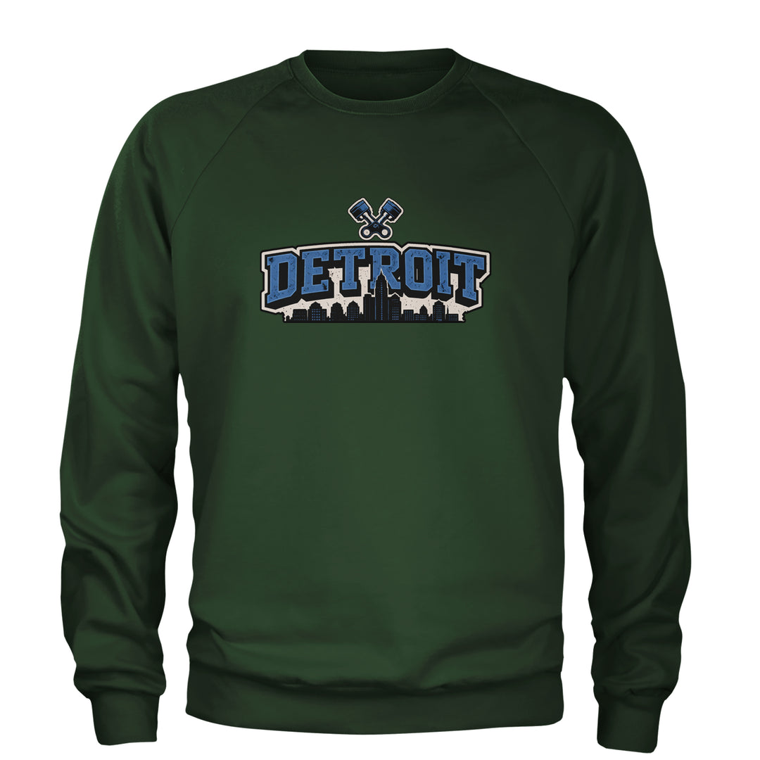 Detroit Motor City Retro Piston Adult Crewneck Sweatshirt Forest Green