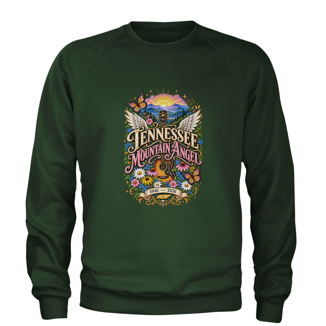 Tennessee Mountain Angel Wings Dolly Adult Crewneck Sweatshirt Forest Green