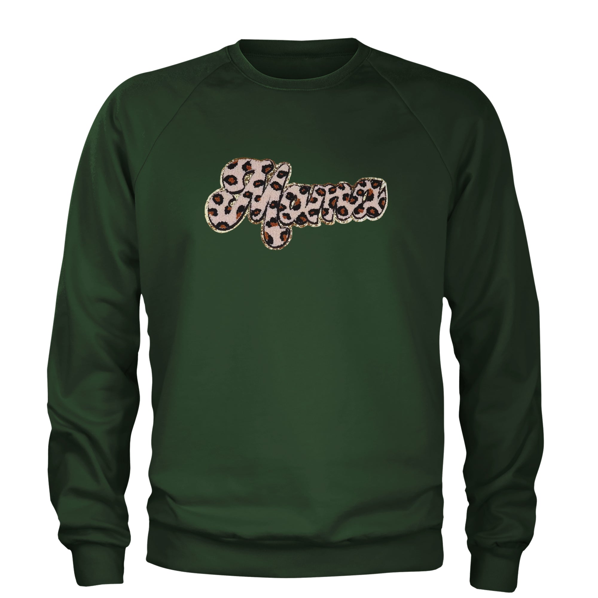 Mama Cheetah Print Glitter Chenille Patch Adult Crewneck Sweatshirt Forest Green