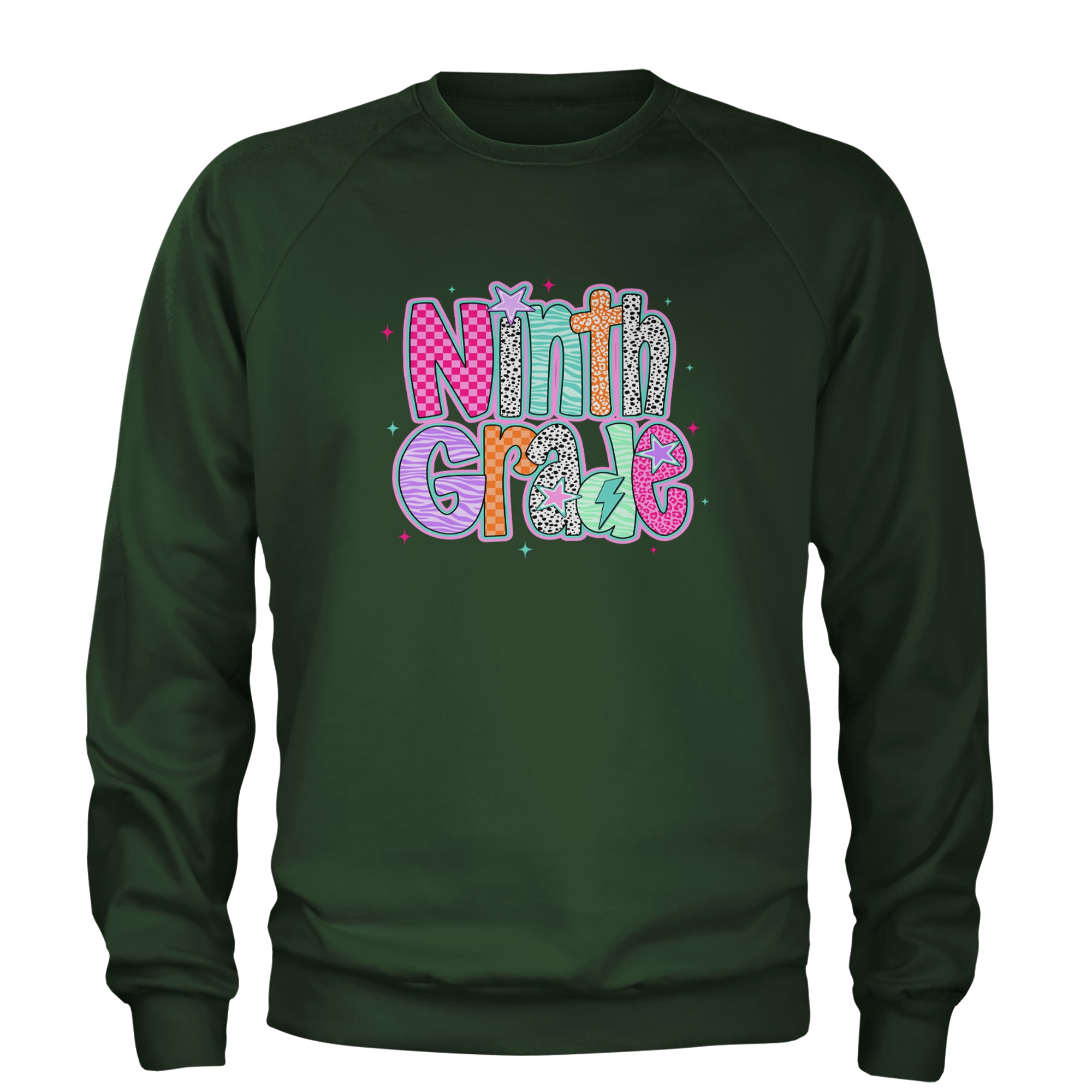 Ninth Grade Freshman Vibes Colorful Back to School Adult Crewneck Sweatshirt Forest Green