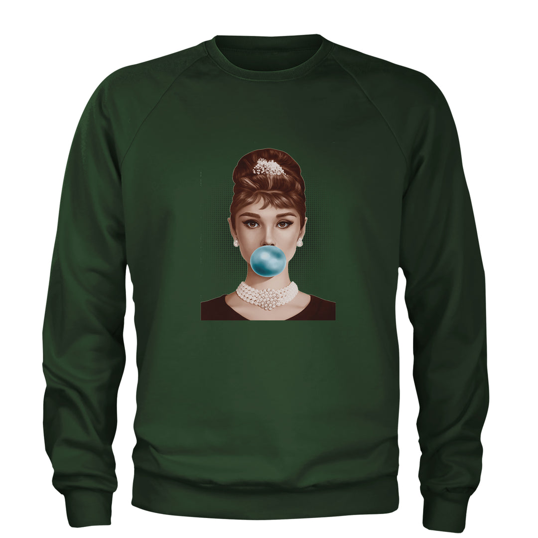 Audrey Hepburn Chewing Bubble Gum American Icon Adult Crewneck Sweatshirt Forest Green