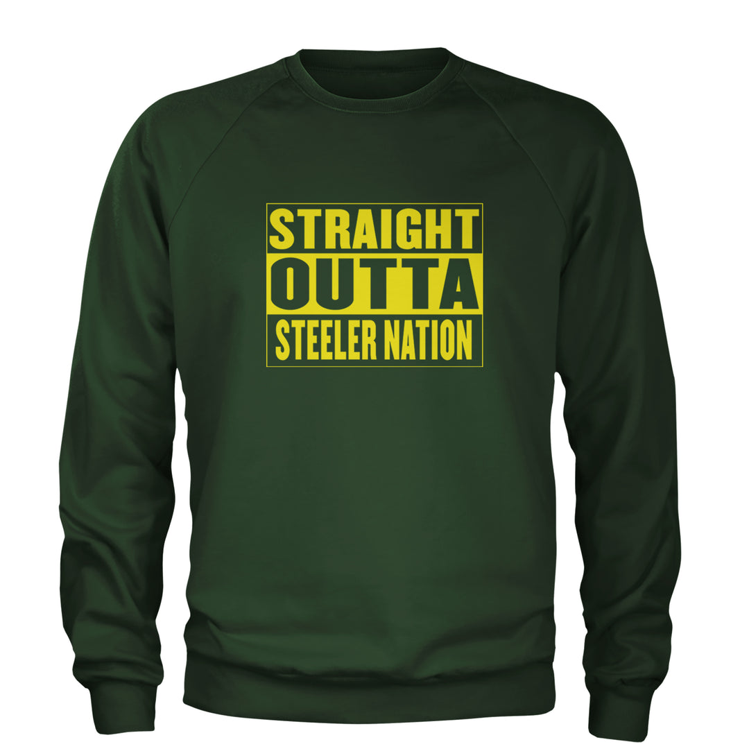 Straight Outta Steeler Nation Football graphic on Unisex Heavyweight Fleece Crewneck Sweatshirt in Forest Green