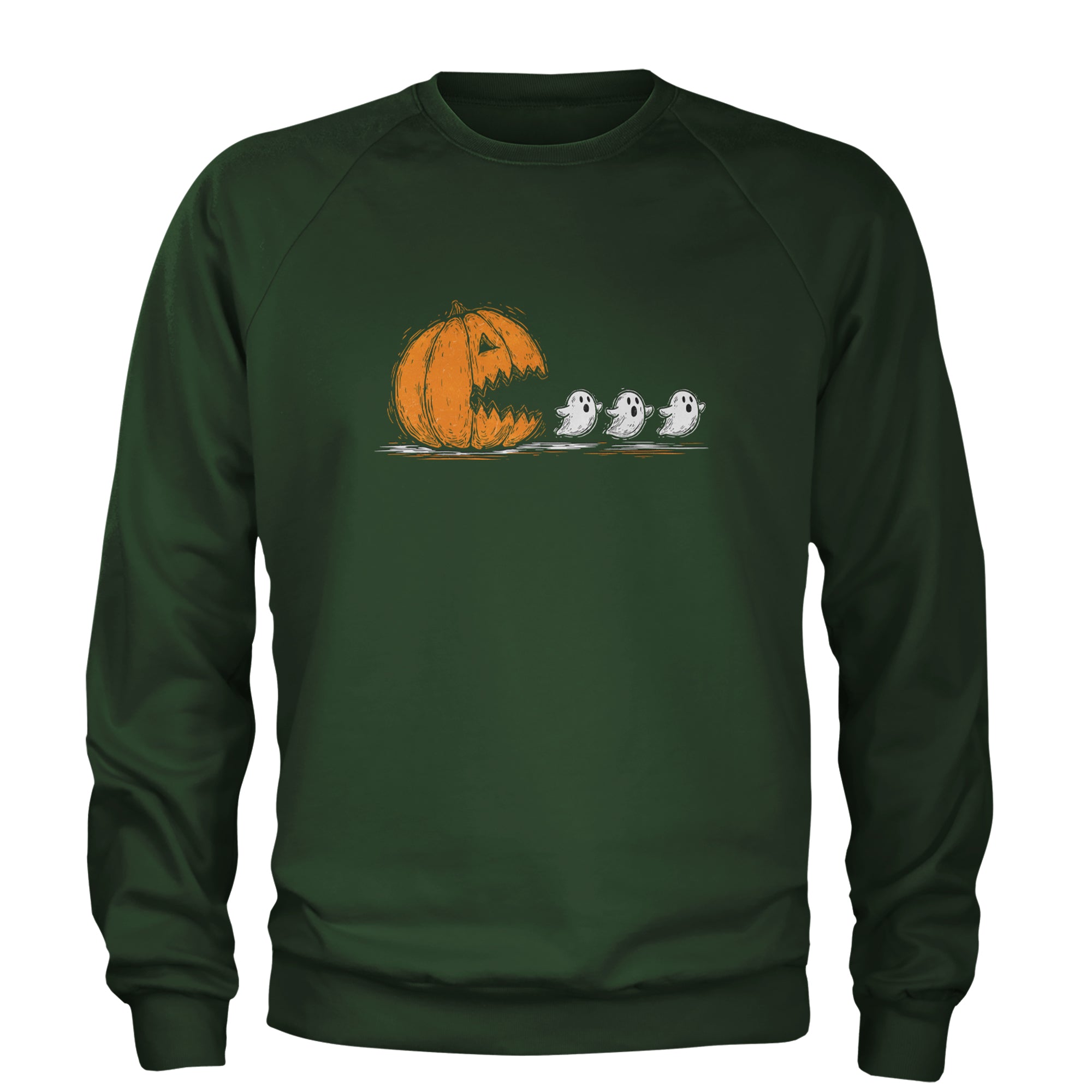 Pumpkin Pacman Chasing Ghosts Halloween Adult Crewneck Sweatshirt Forest Green