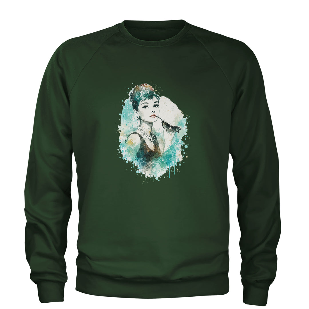 Mrs. Herpburn Iconic Watercolors Adult Crewneck Sweatshirt Forest Green