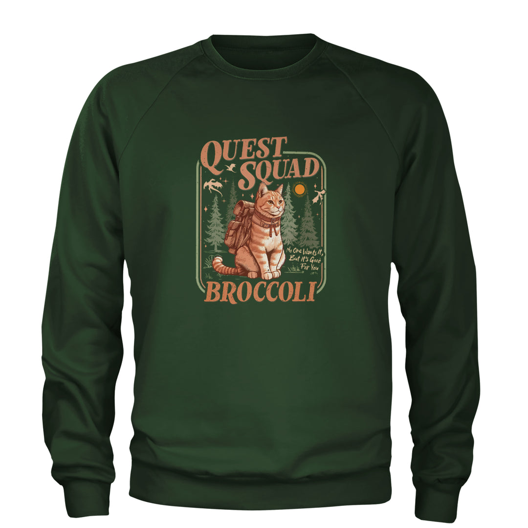 Quest Squad Broccoli Cat Fantasy Reader  Adult Crewneck Sweatshirt Forest Green
