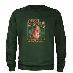 Quest Squad Broccoli Cat Fantasy Reader  Adult Crewneck Sweatshirt Forest Green