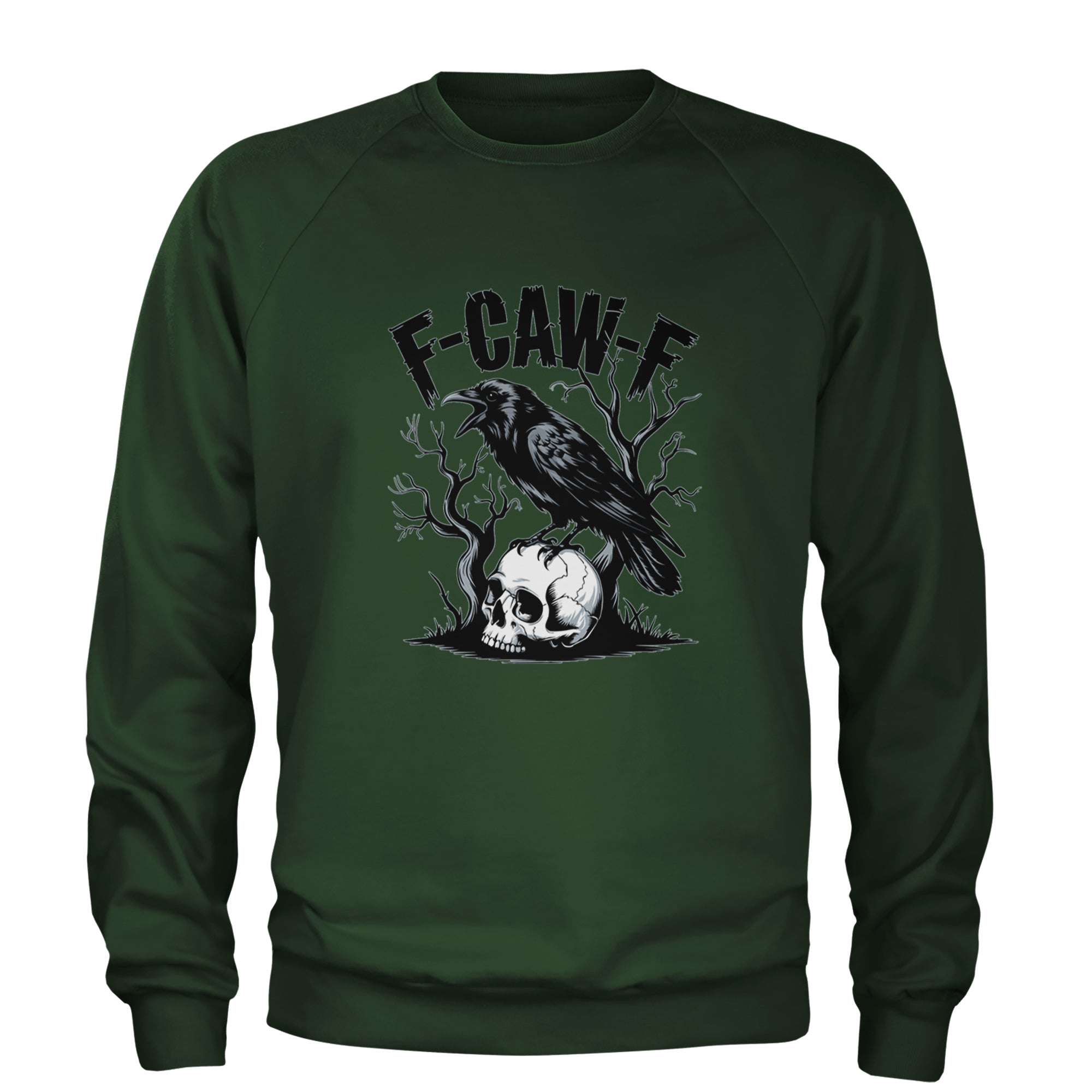 F-Caw-F Crow On Skull F-ck Off Gothic Adult Crewneck Sweatshirt Forest Green
