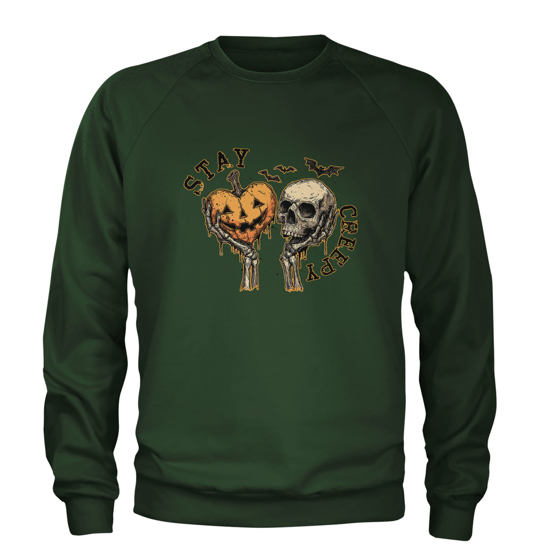 Stay Creepy Skull and Pumpkin Halloween Adult Crewneck Sweatshirt Forest Green