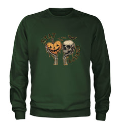 Stay Creepy Skull and Pumpkin Halloween Adult Crewneck Sweatshirt Forest Green