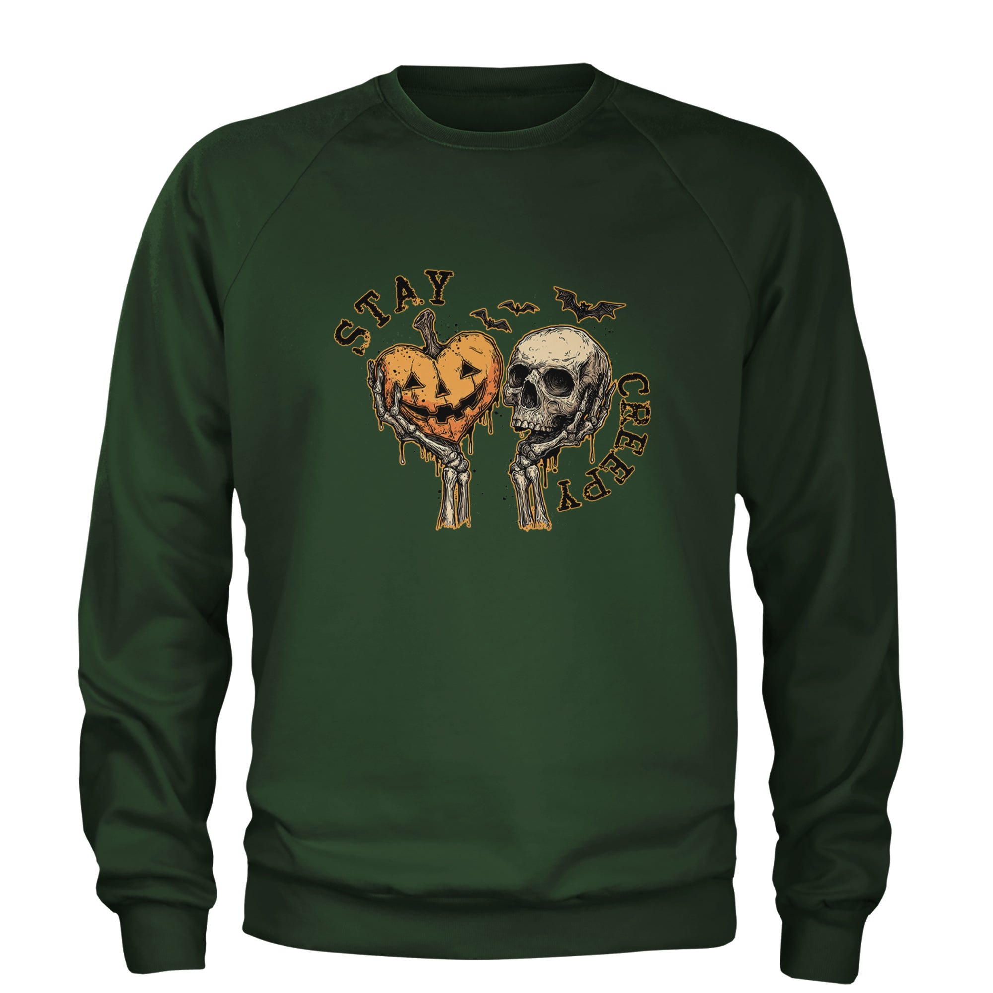 Stay Creepy Skull and Pumpkin Halloween Adult Crewneck Sweatshirt Forest Green