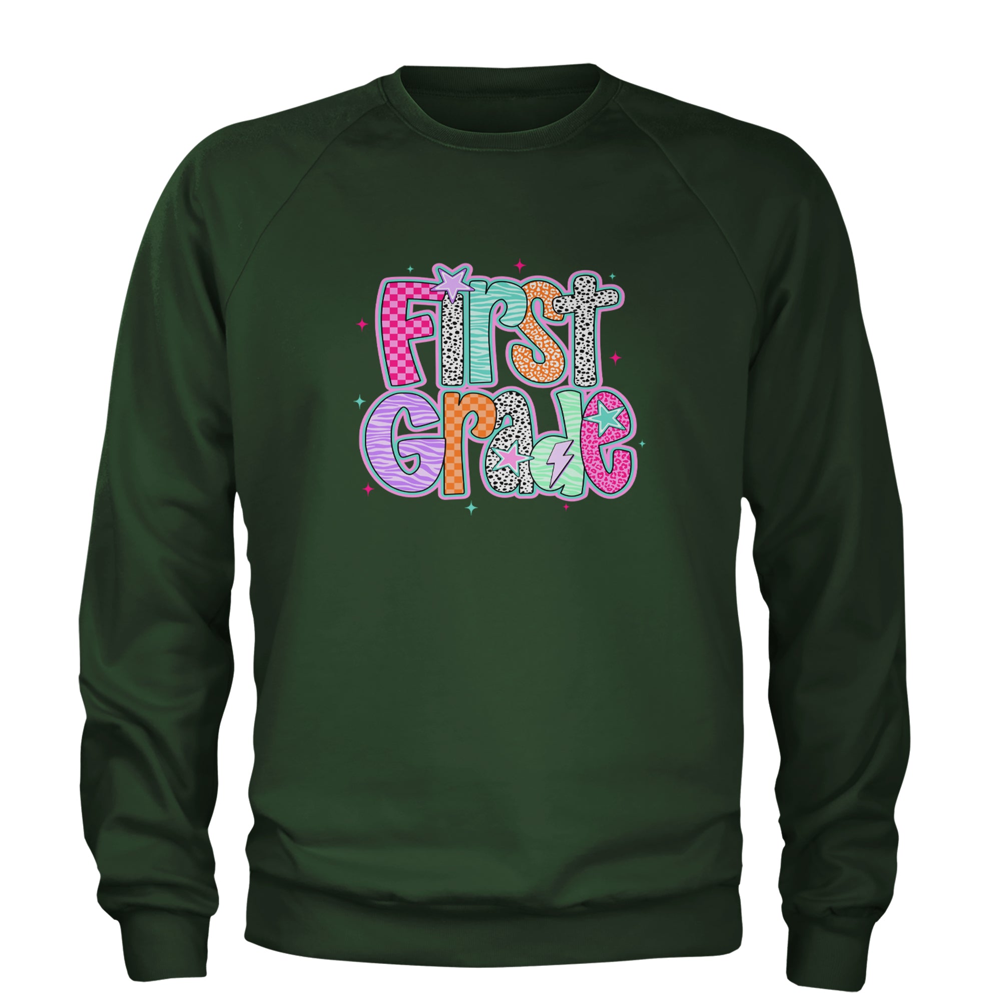 First Grade Vibes Colorful Back to School Adult Crewneck Sweatshirt Forest Green