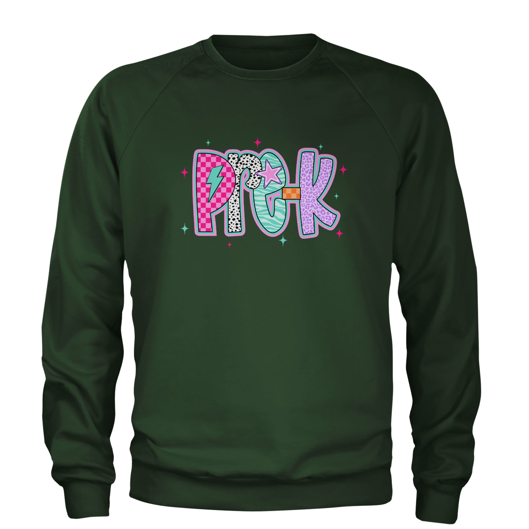Pre-K Party Time Colorful Back to School Adult Crewneck Sweatshirt Forest Green