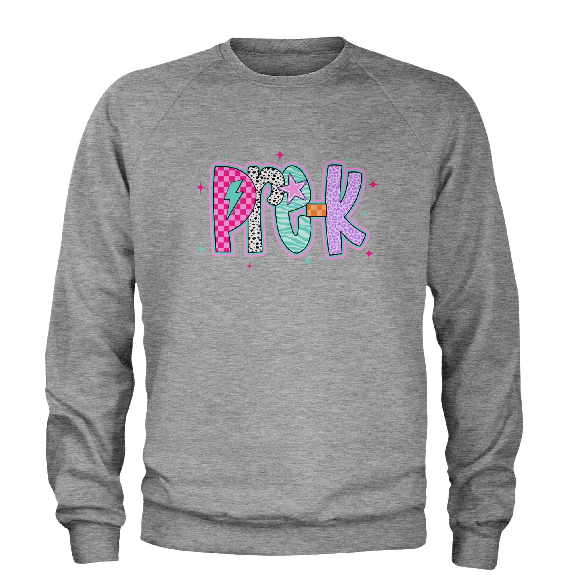 Pre-K Party Time Colorful Back to School Adult Crewneck Sweatshirt Heather Grey
