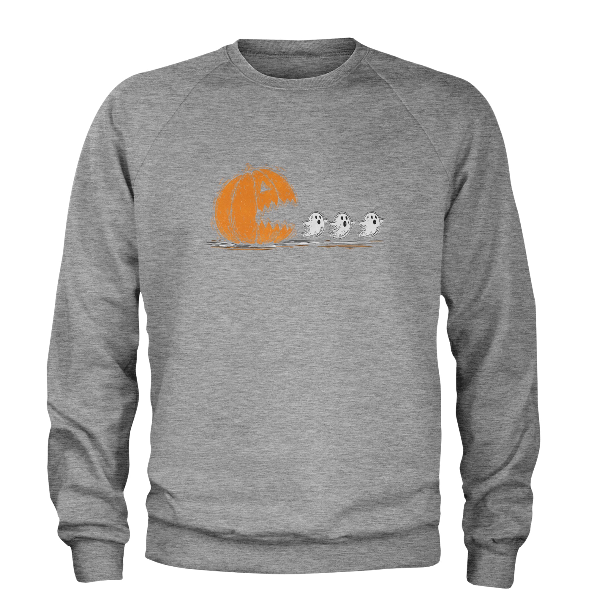 Pumpkin Pacman Chasing Ghosts Halloween Adult Crewneck Sweatshirt Heather Grey