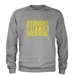 Straight Outta Steeler Nation Football graphic on Unisex Heavyweight Fleece Crewneck Sweatshirt in Heather Grey