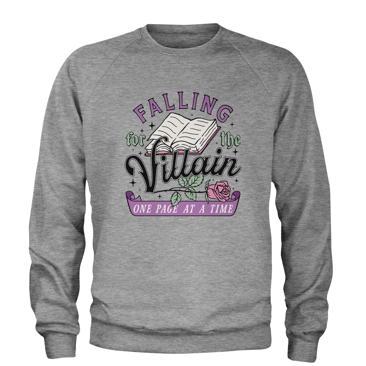 Falling For The Villain One Page At A Time Adult Crewneck Sweatshirt Heather Grey