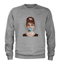 Audrey Hepburn Chewing Bubble Gum American Icon Adult Crewneck Sweatshirt Heather Grey