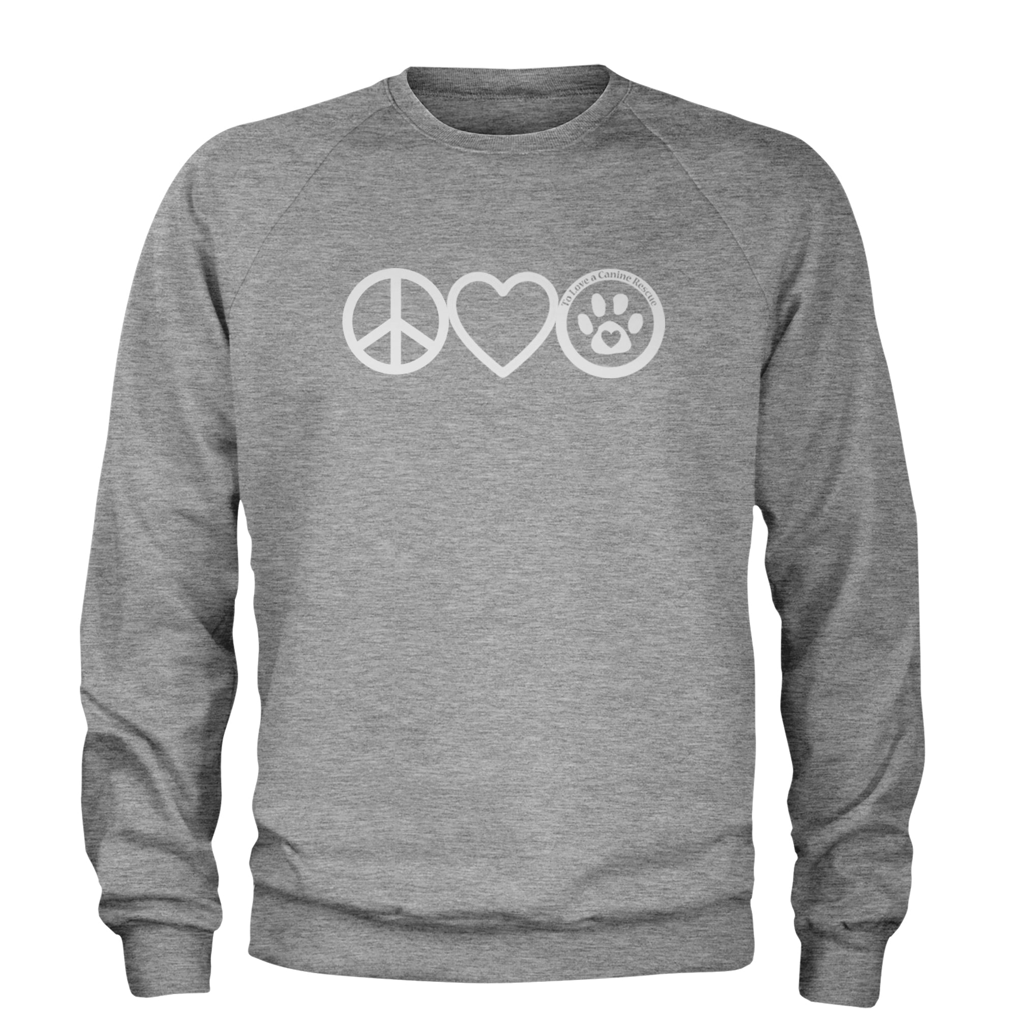 Peace, Love and TLC Dog Rescue Adult Crewneck Sweatshirt Heather Grey