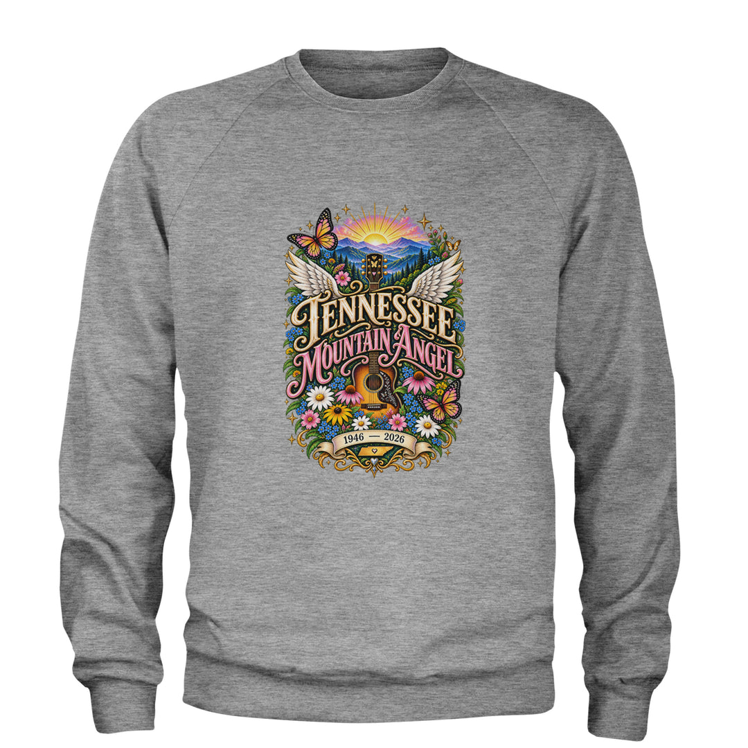 Tennessee Mountain Angel Wings Dolly Adult Crewneck Sweatshirt Heather Grey