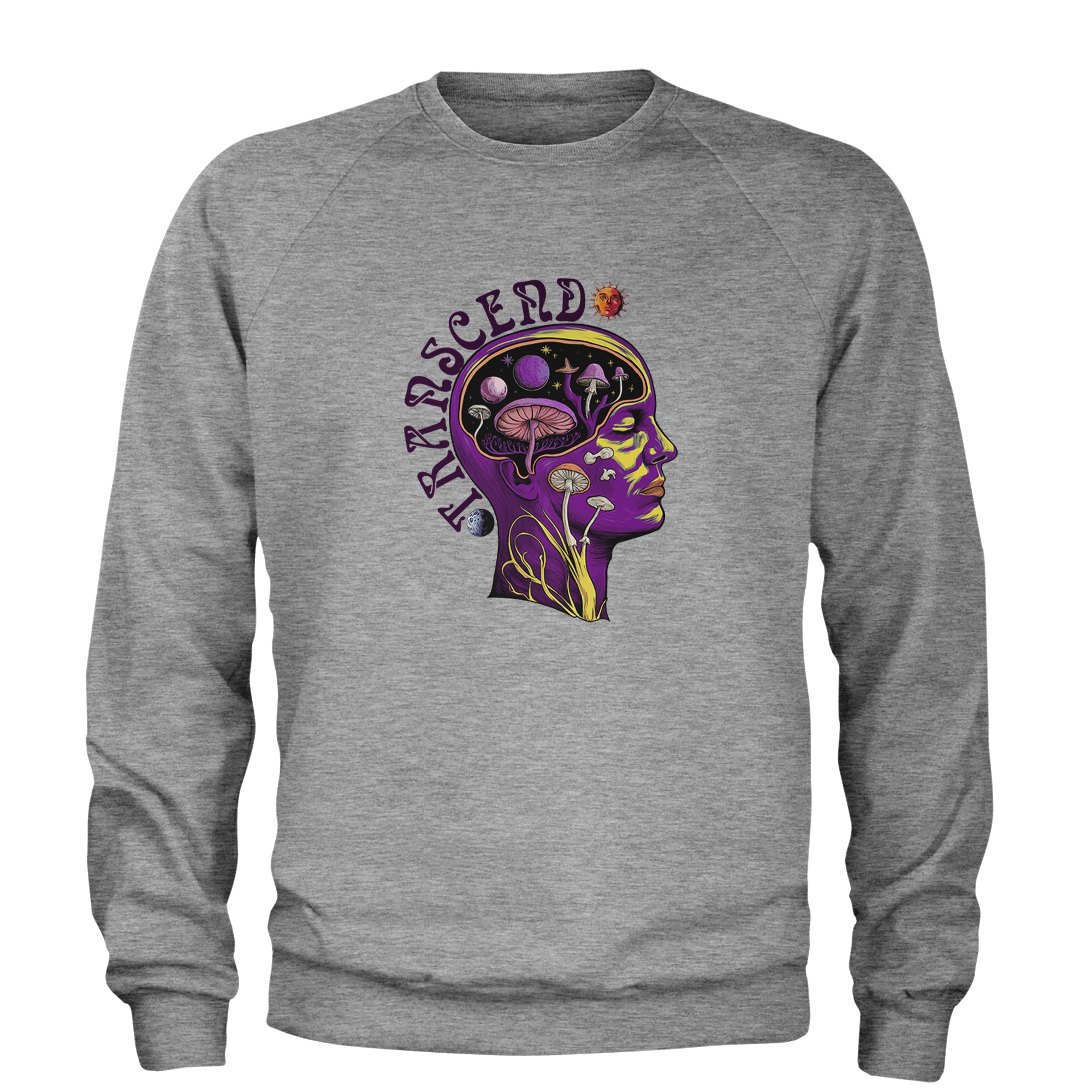 Psychedelic Cosmic Mushroom Head Adult Crewneck Sweatshirt Heather Grey