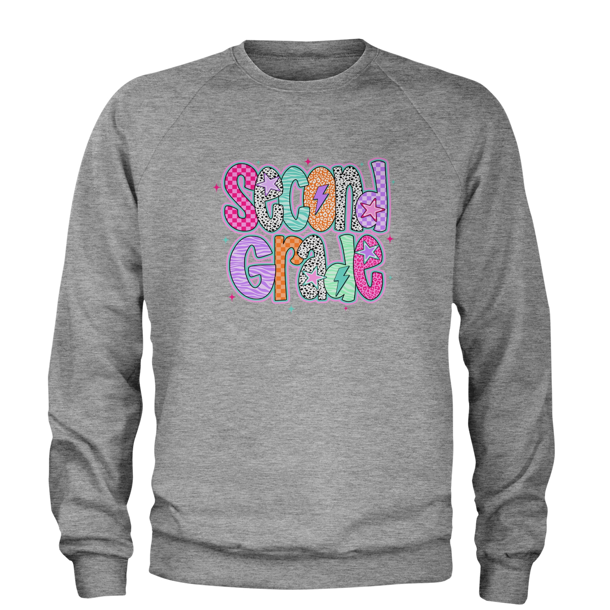 Second Grade Star Colorful Back to School Adult Crewneck Sweatshirt Heather Grey
