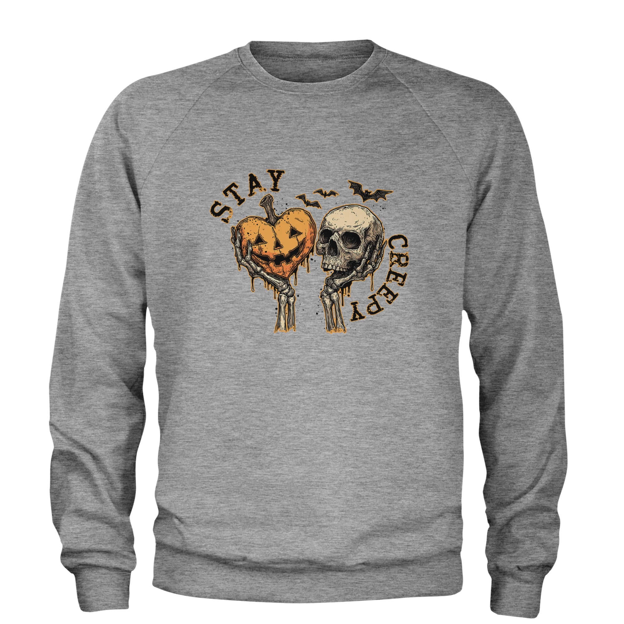 Stay Creepy Skull and Pumpkin Halloween Adult Crewneck Sweatshirt Heather Grey