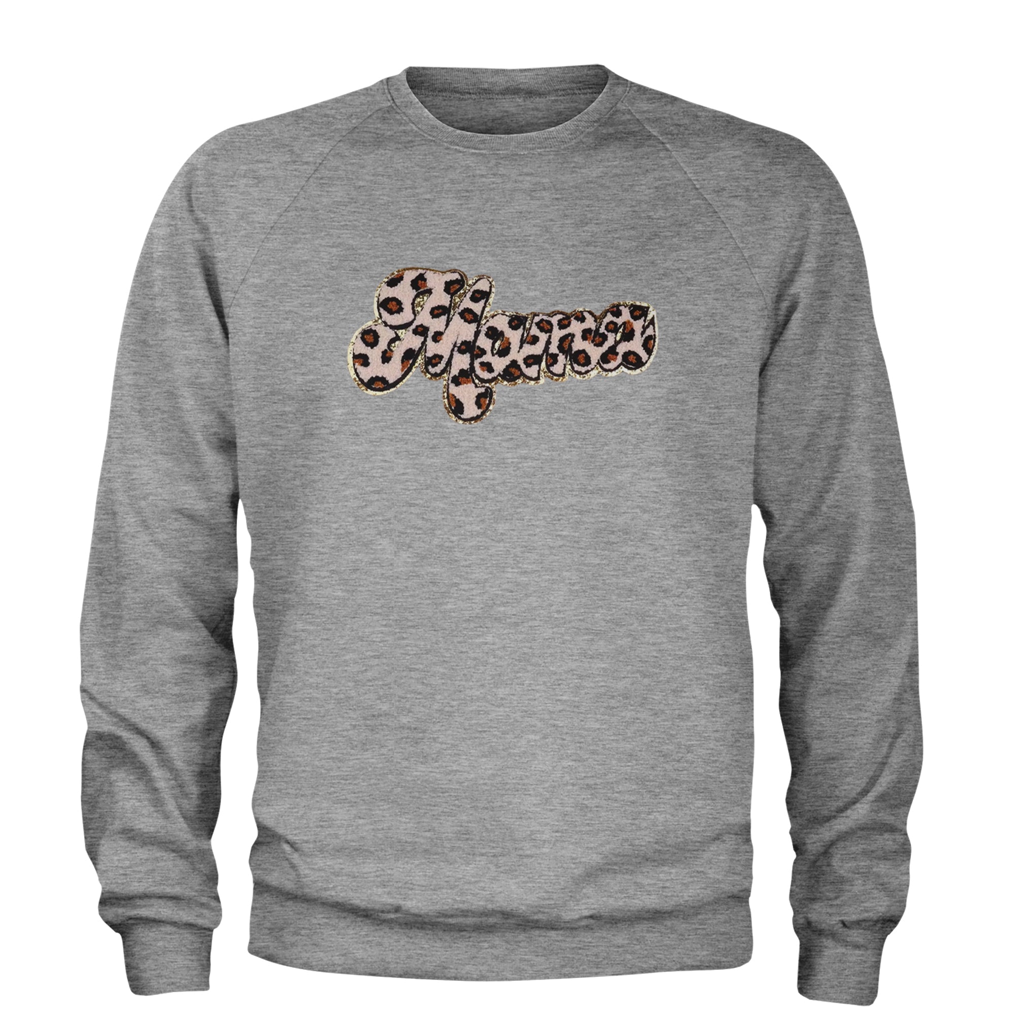 Mama Cheetah Print Glitter Chenille Patch Adult Crewneck Sweatshirt Heather Grey