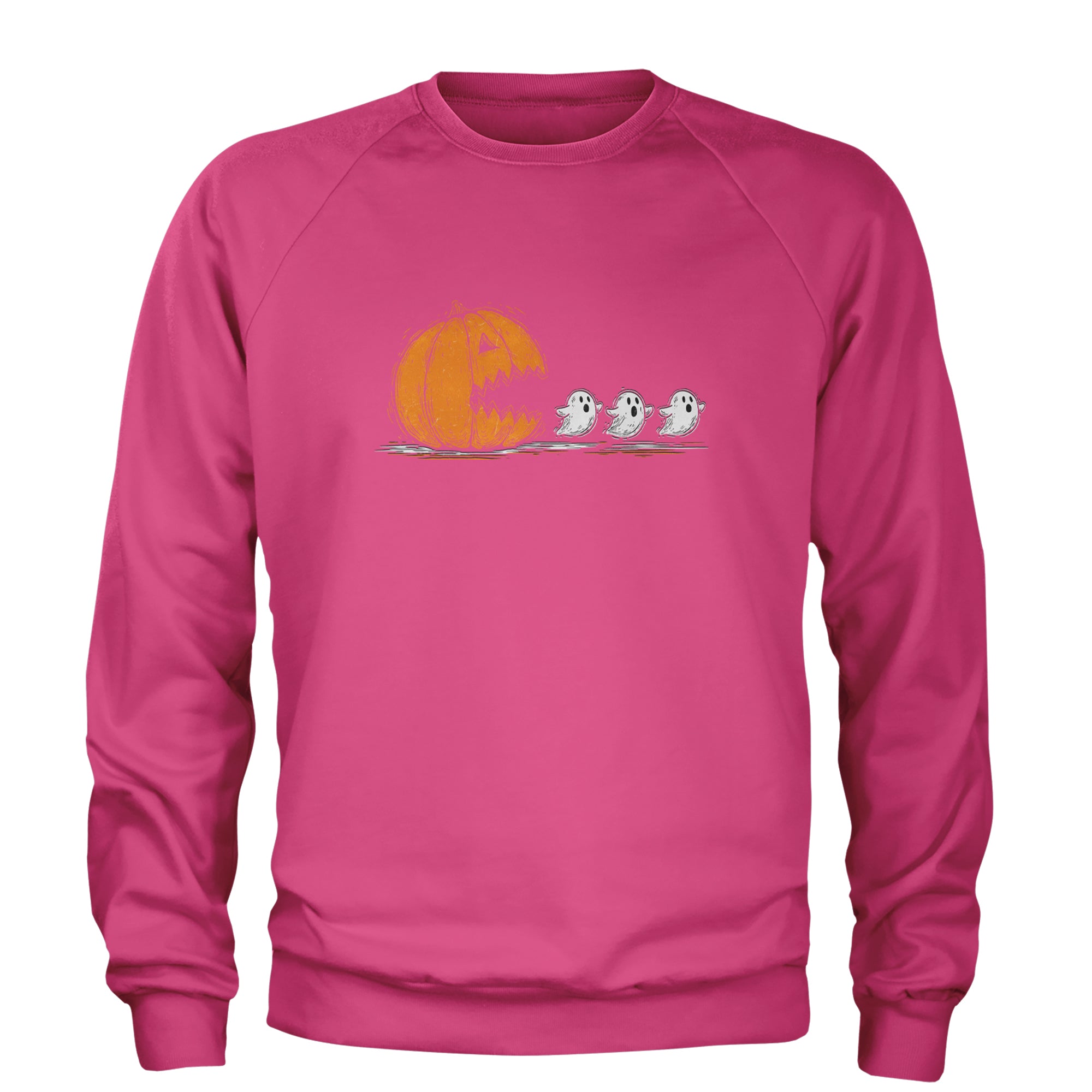 Pumpkin Pacman Chasing Ghosts Halloween Adult Crewneck Sweatshirt Hot Pink