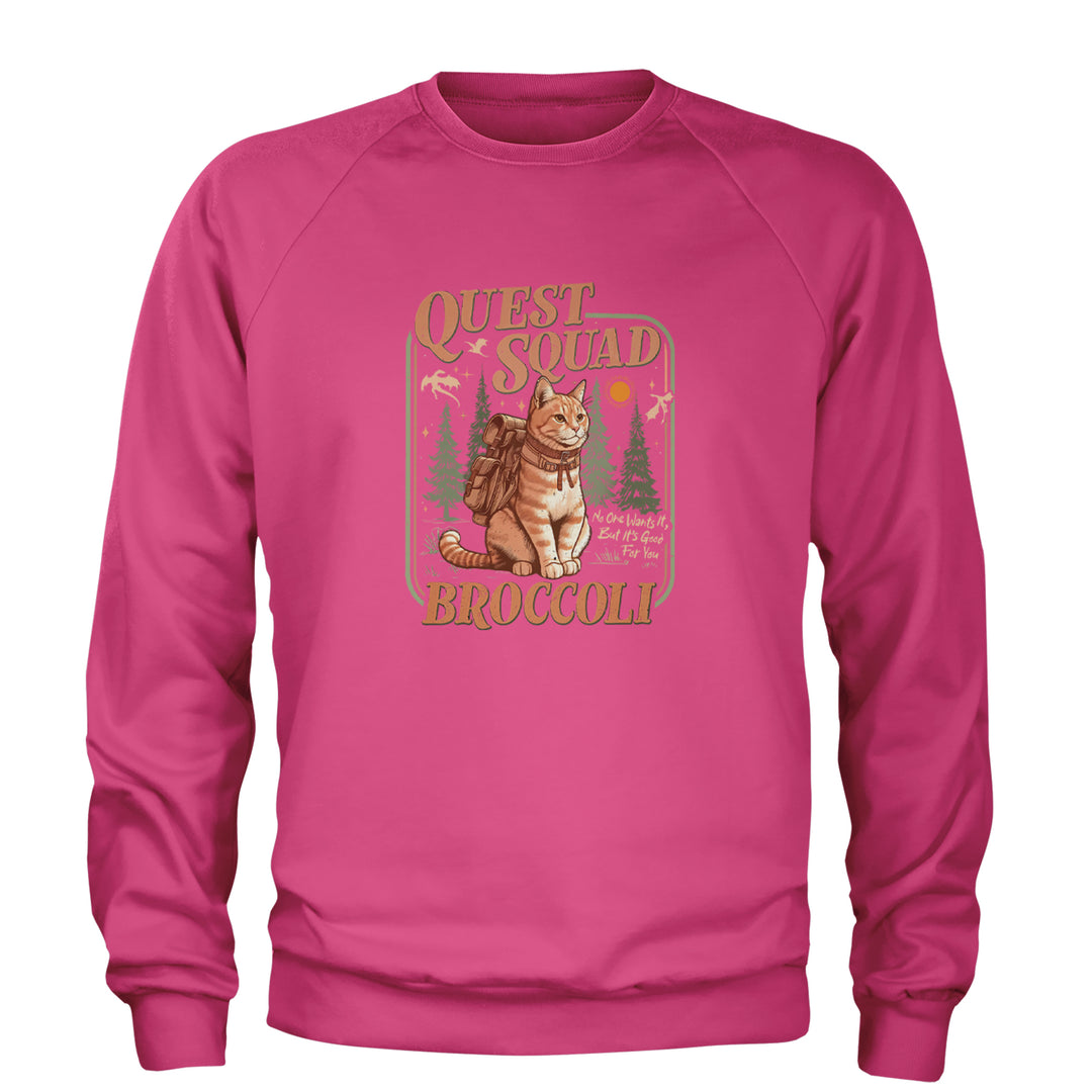 Quest Squad Broccoli Cat Fantasy Reader  Adult Crewneck Sweatshirt Hot Pink