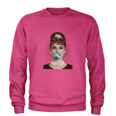 Audrey Hepburn Chewing Bubble Gum American Icon Adult Crewneck Sweatshirt Hot Pink