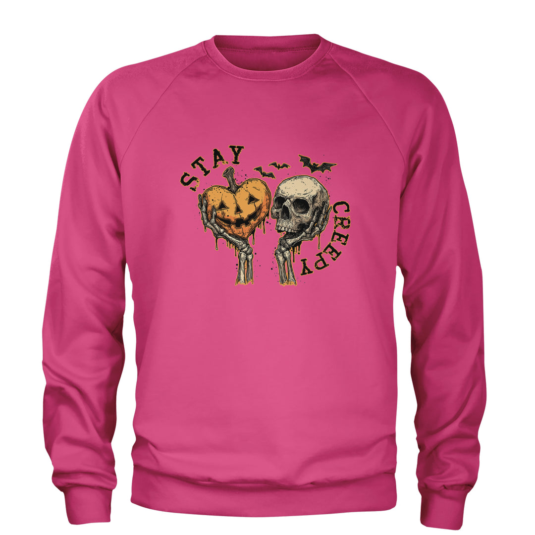 Stay Creepy Skull and Pumpkin Halloween Adult Crewneck Sweatshirt Hot Pink