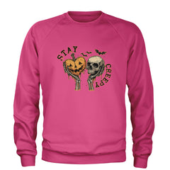 Stay Creepy Skull and Pumpkin Halloween Adult Crewneck Sweatshirt Hot Pink