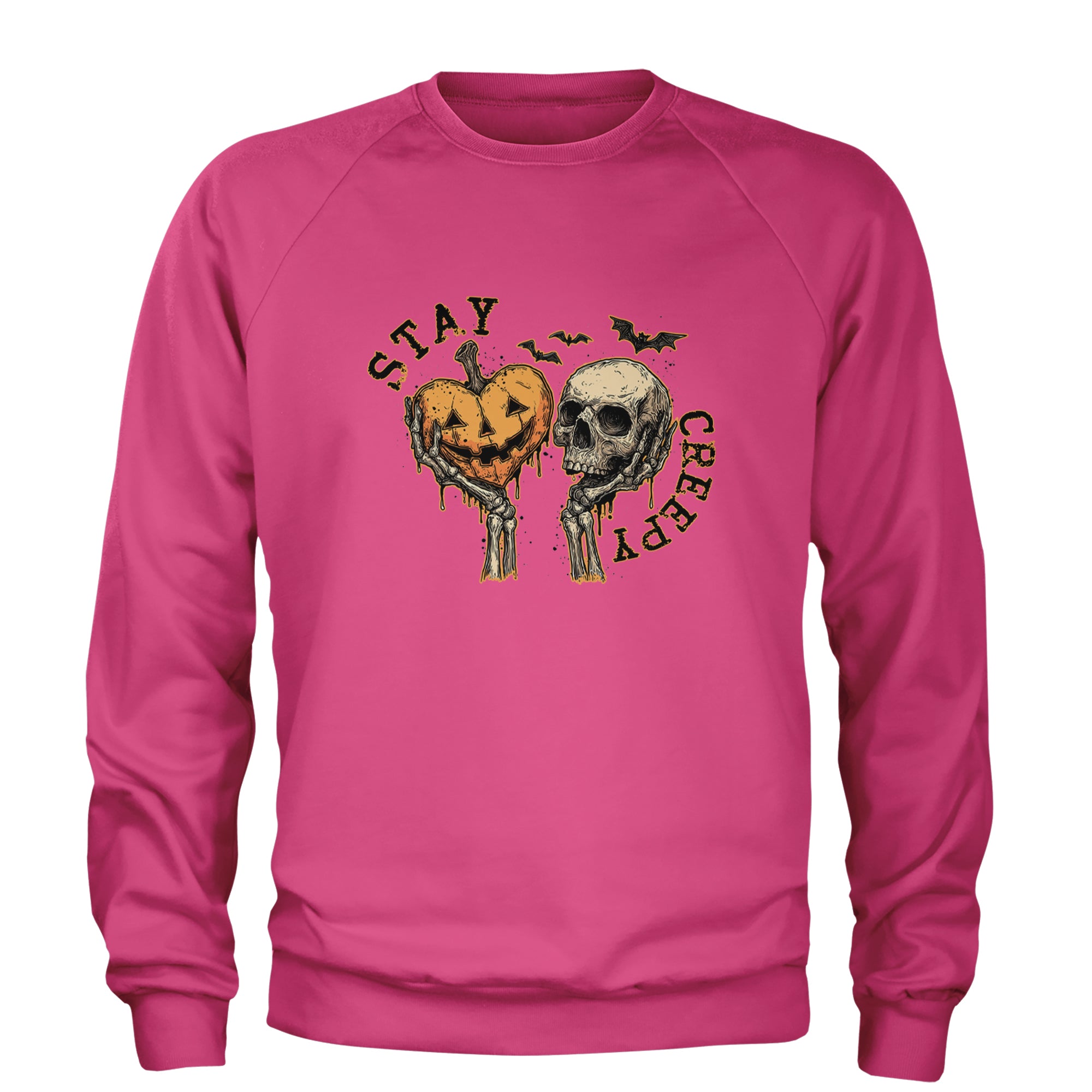 Stay Creepy Skull and Pumpkin Halloween Adult Crewneck Sweatshirt Hot Pink