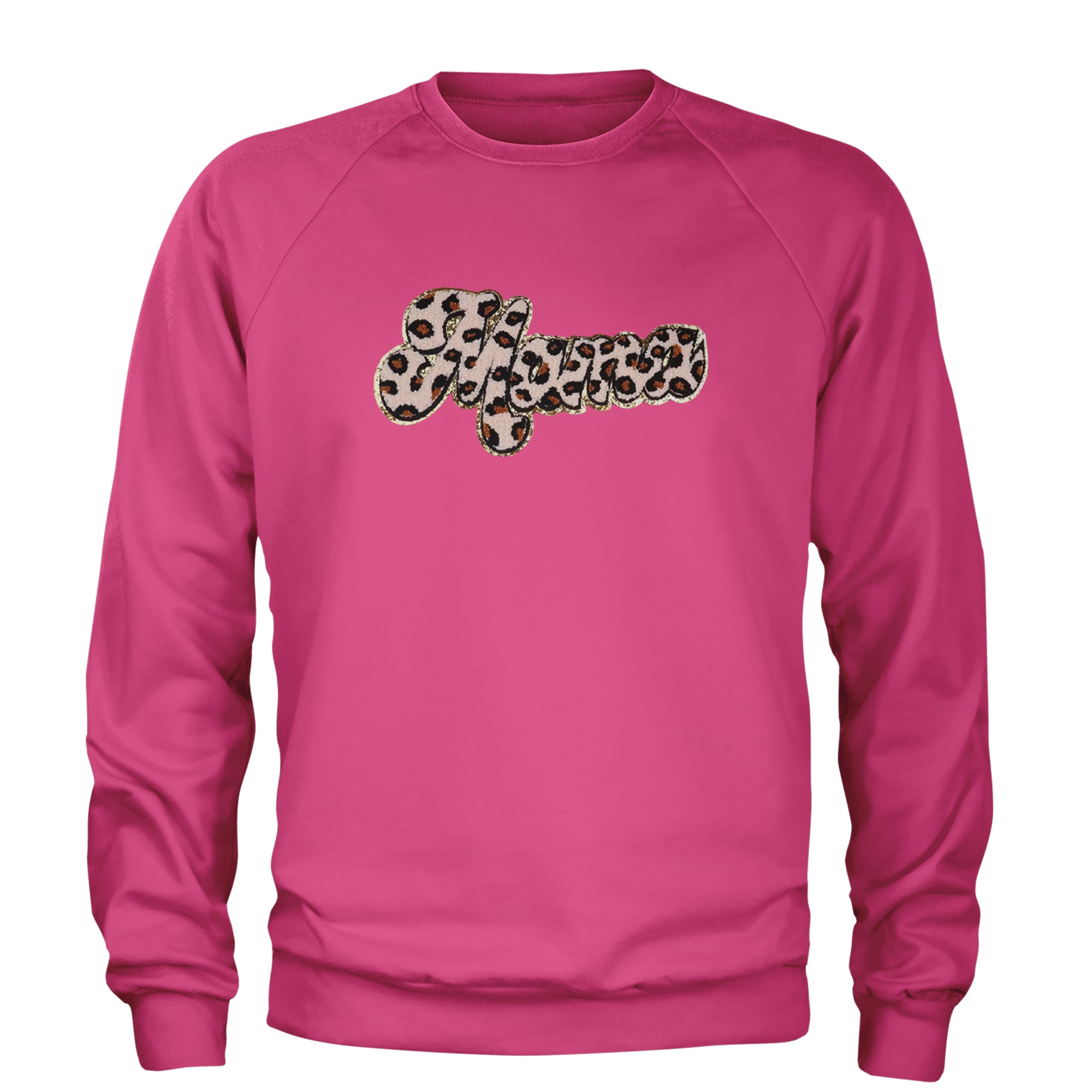 Mama Cheetah Print Glitter Chenille Patch Adult Crewneck Sweatshirt Hot Pink