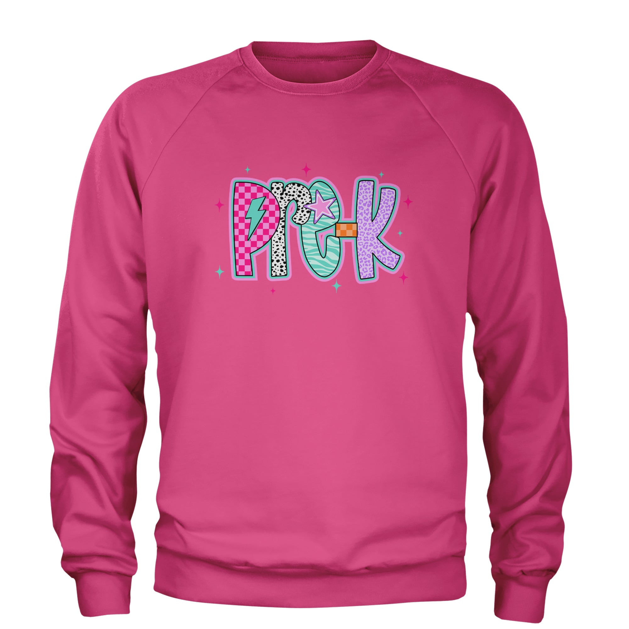 Pre-K Party Time Colorful Back to School Adult Crewneck Sweatshirt Hot Pink