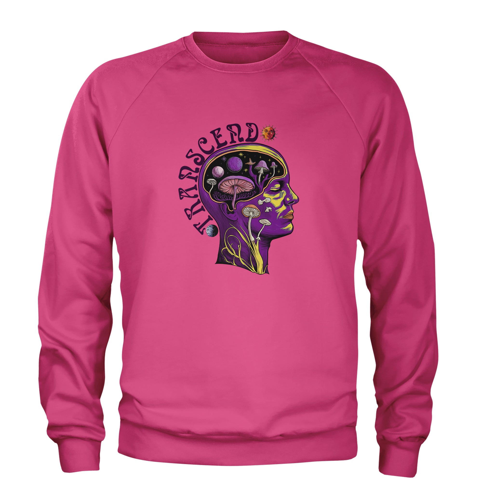 Psychedelic Cosmic Mushroom Head Adult Crewneck Sweatshirt Hot Pink