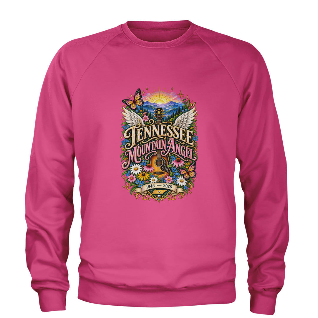 Tennessee Mountain Angel Wings Dolly Adult Crewneck Sweatshirt Hot Pink