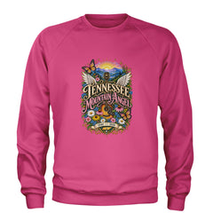 Tennessee Mountain Angel Wings Dolly Adult Crewneck Sweatshirt Hot Pink