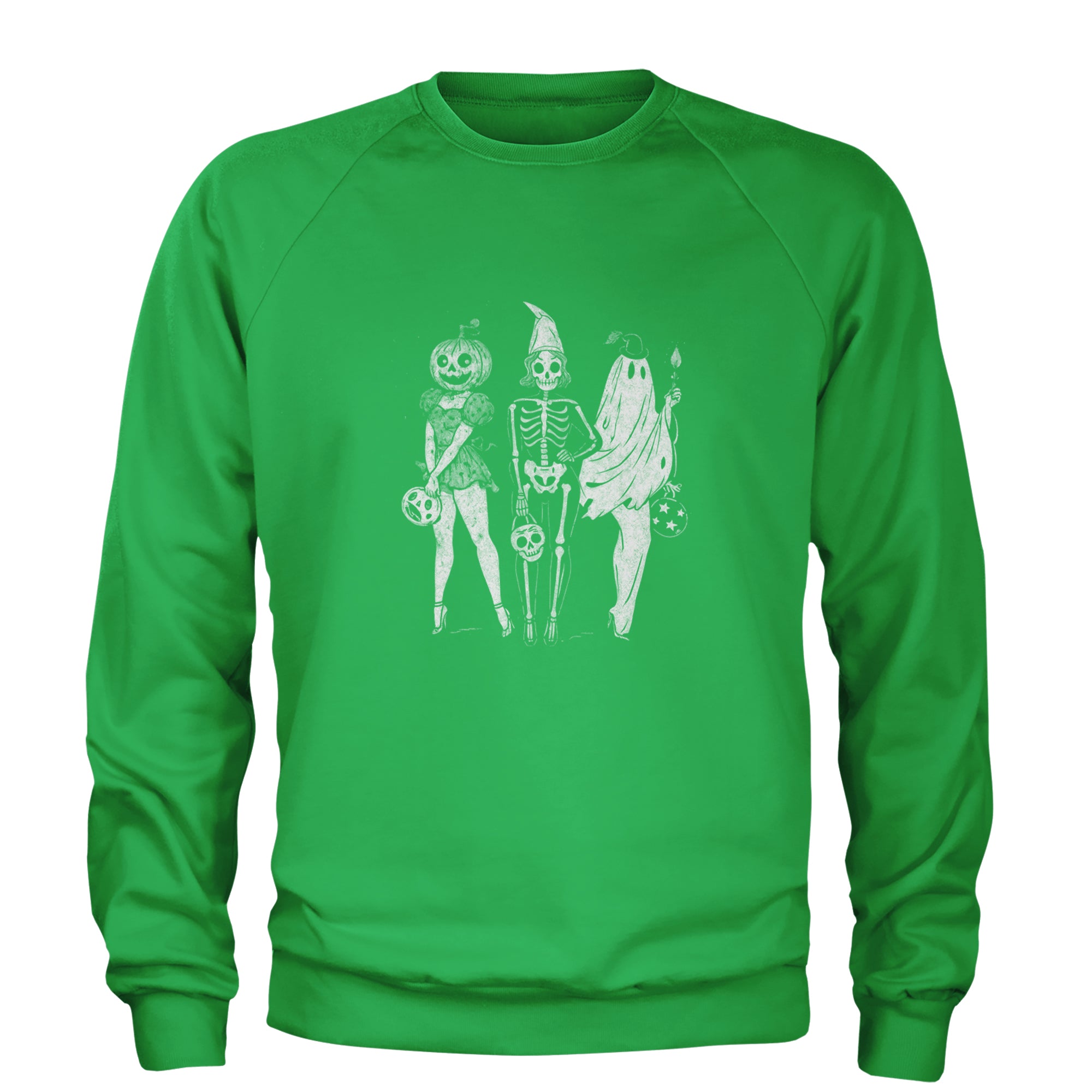 Vintage Spooky Squad Pinup Halloween Design Adult Crewneck Sweatshirt Kelly Green