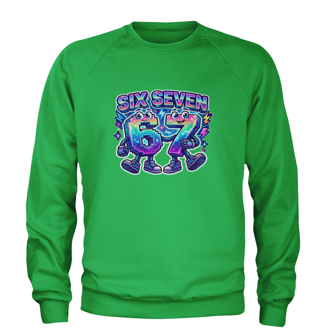 Six Seven 67 Retro Pixel Buddies Adult Crewneck Sweatshirt Kelly Green