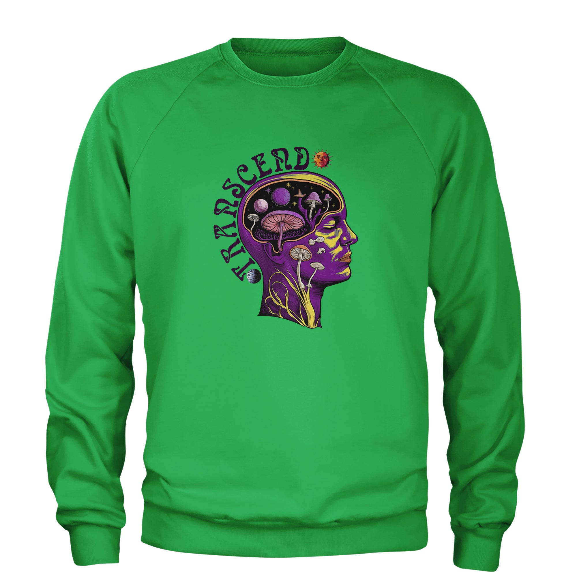 Psychedelic Cosmic Mushroom Head Adult Crewneck Sweatshirt Kelly Green