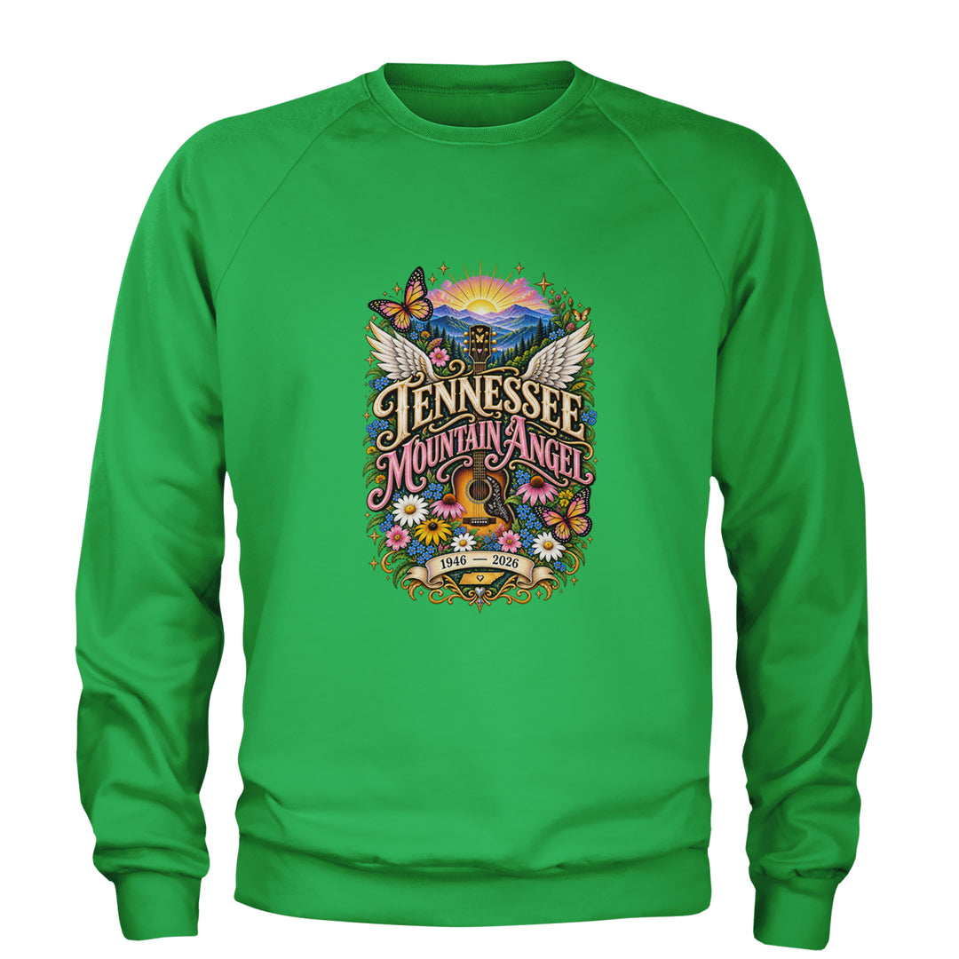 Tennessee Mountain Angel Wings Dolly Adult Crewneck Sweatshirt Kelly Green