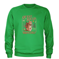 Quest Squad Broccoli Cat Fantasy Reader  Adult Crewneck Sweatshirt Kelly Green