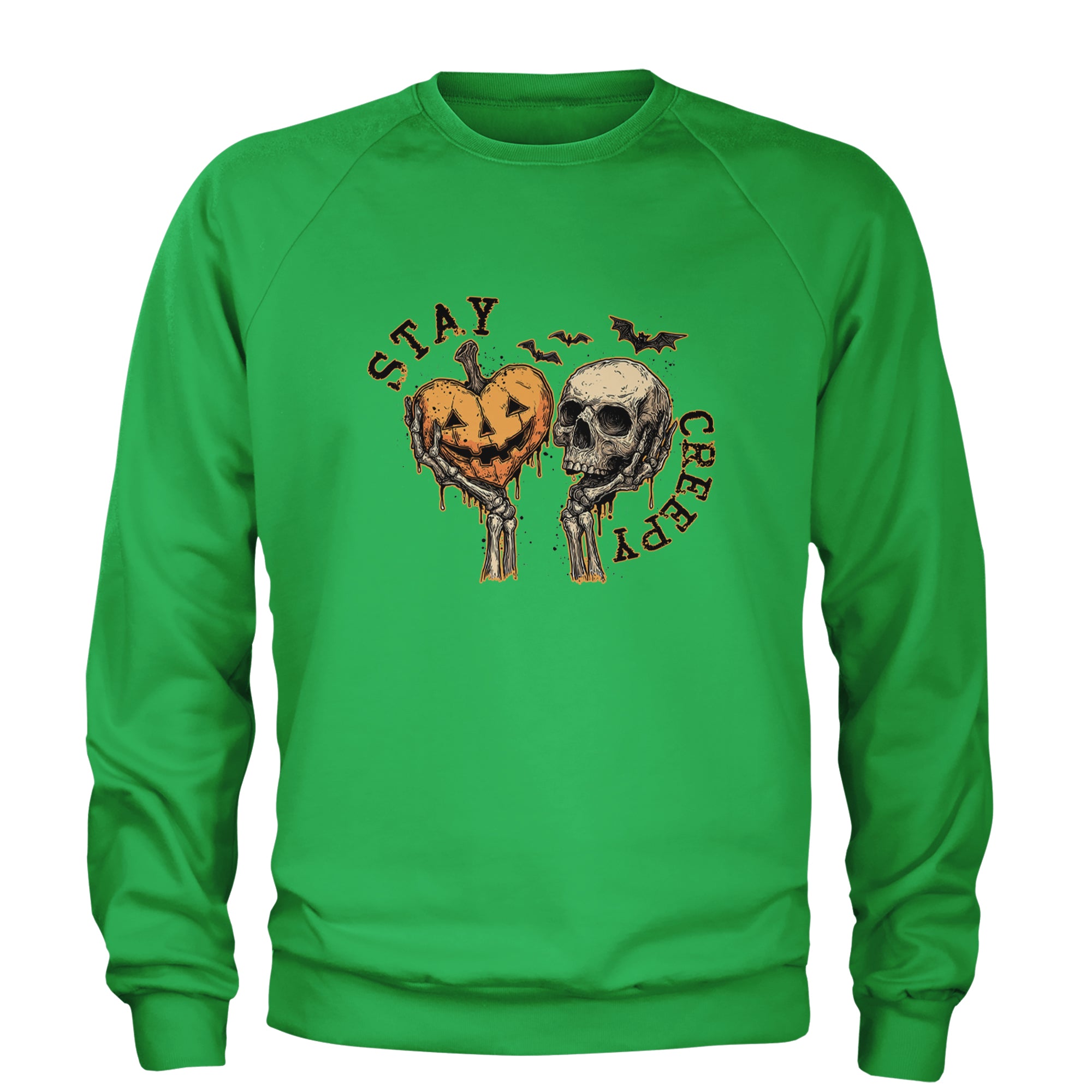 Stay Creepy Skull and Pumpkin Halloween Adult Crewneck Sweatshirt Kelly Green