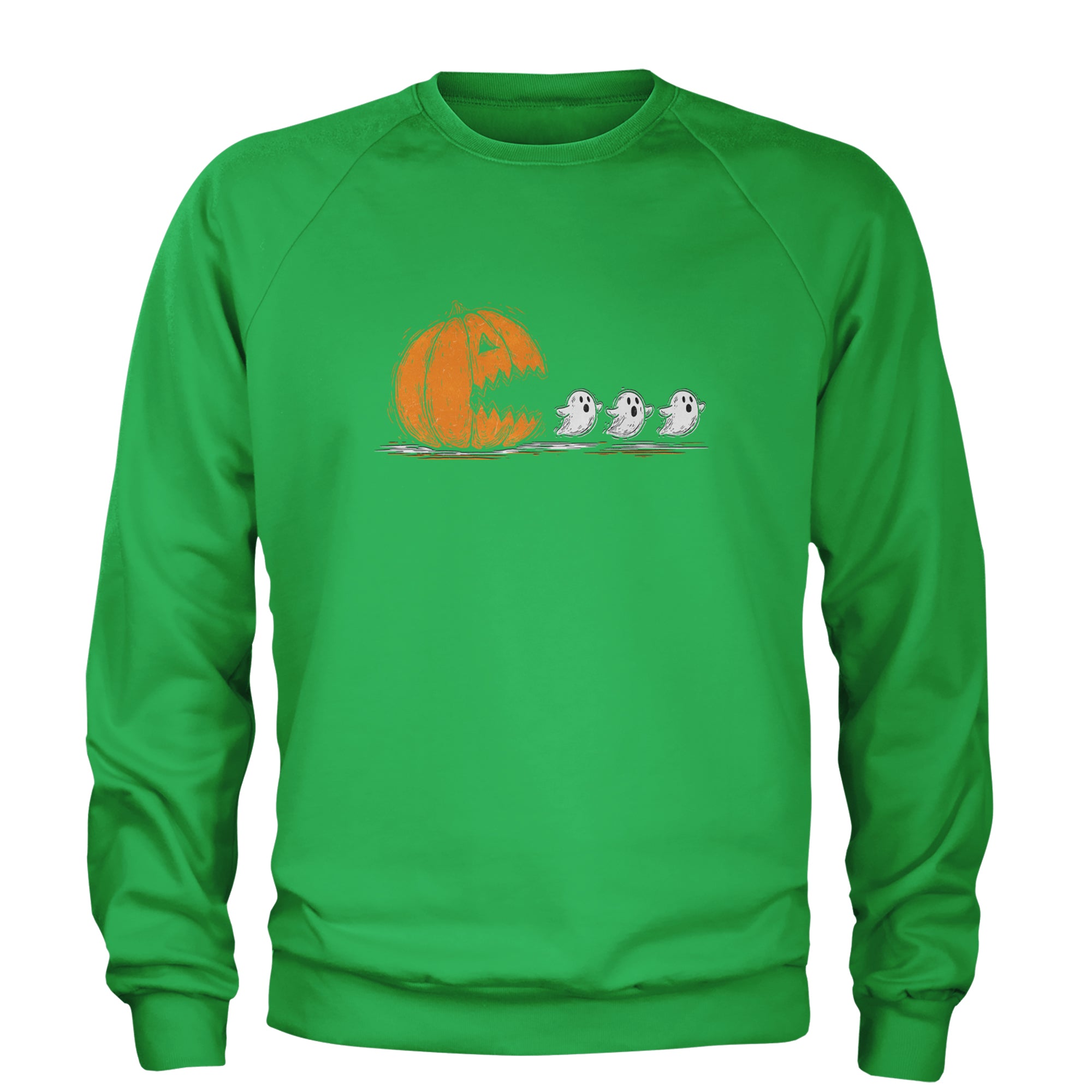 Pumpkin Pacman Chasing Ghosts Halloween Adult Crewneck Sweatshirt Kelly Green