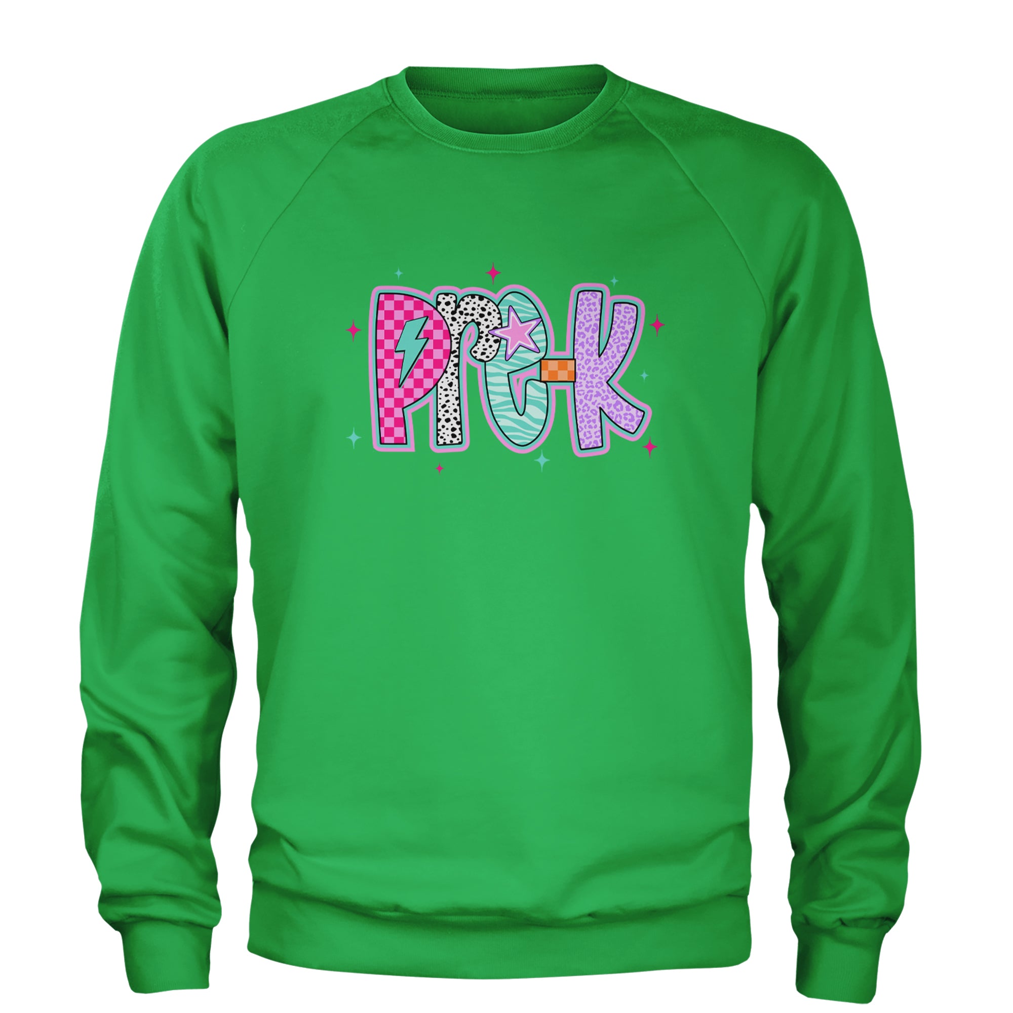 Pre-K Party Time Colorful Back to School Adult Crewneck Sweatshirt Kelly Green