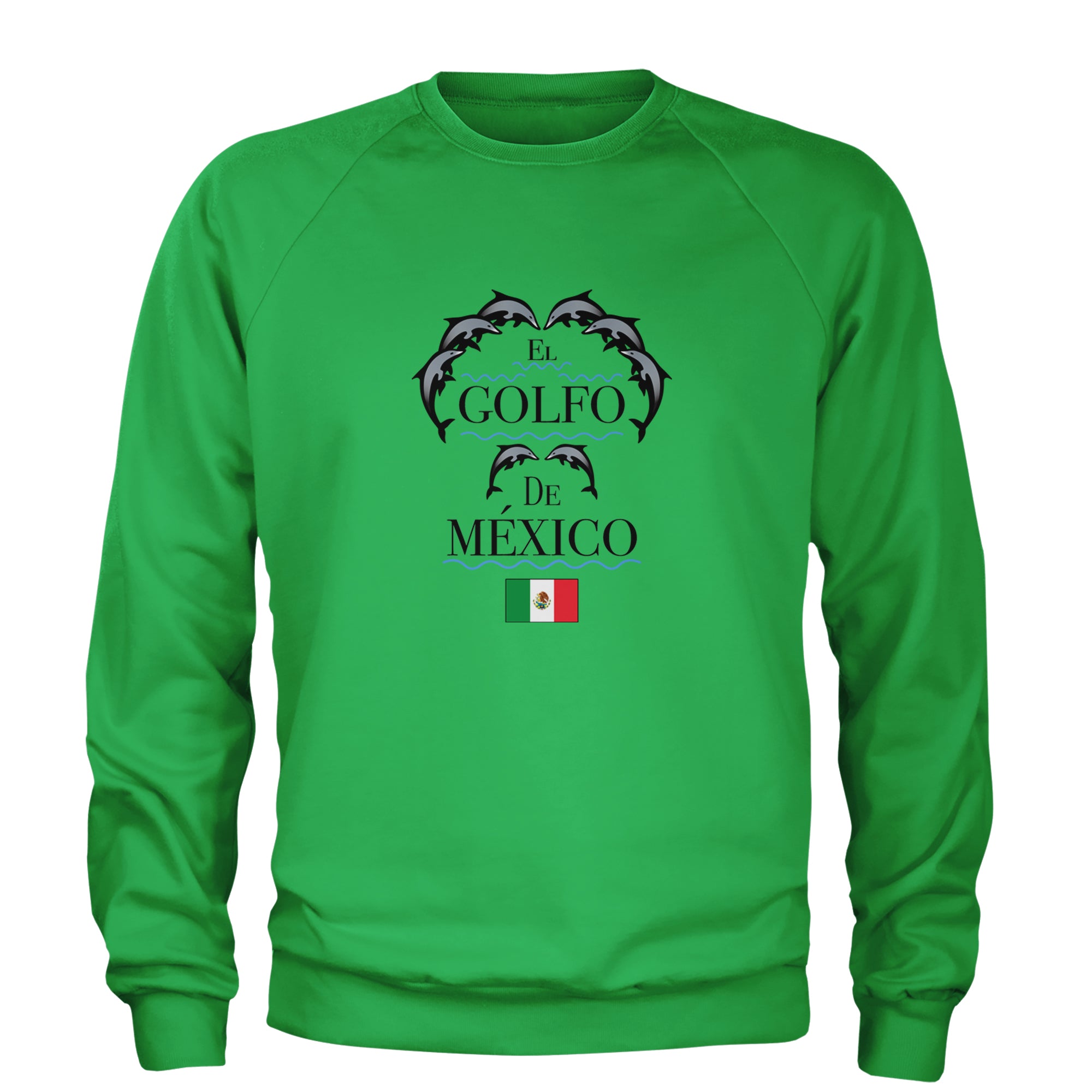 El Golfo De Mexico Dancing Dolphins Adult Crewneck Sweatshirt Kelly Green