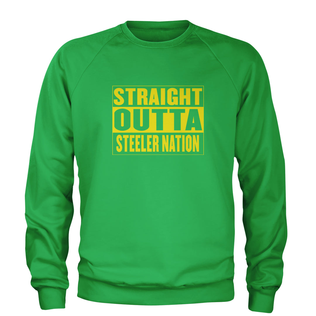 Straight Outta Steeler Nation Football graphic on Unisex Heavyweight Fleece Crewneck Sweatshirt in Kelly Green