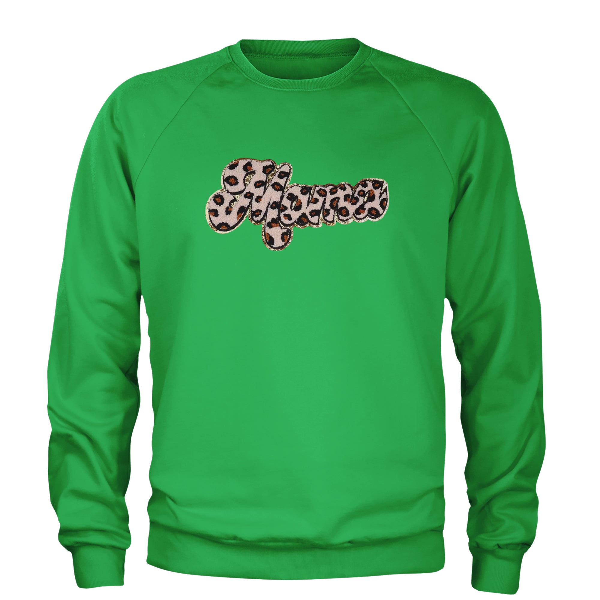 Mama Cheetah Print Glitter Chenille Patch Adult Crewneck Sweatshirt Kelly Green